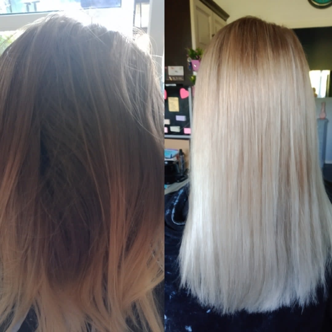 Balayage blond avant / après sur cheveux longs — Transform' & Moi, Les Sauvages